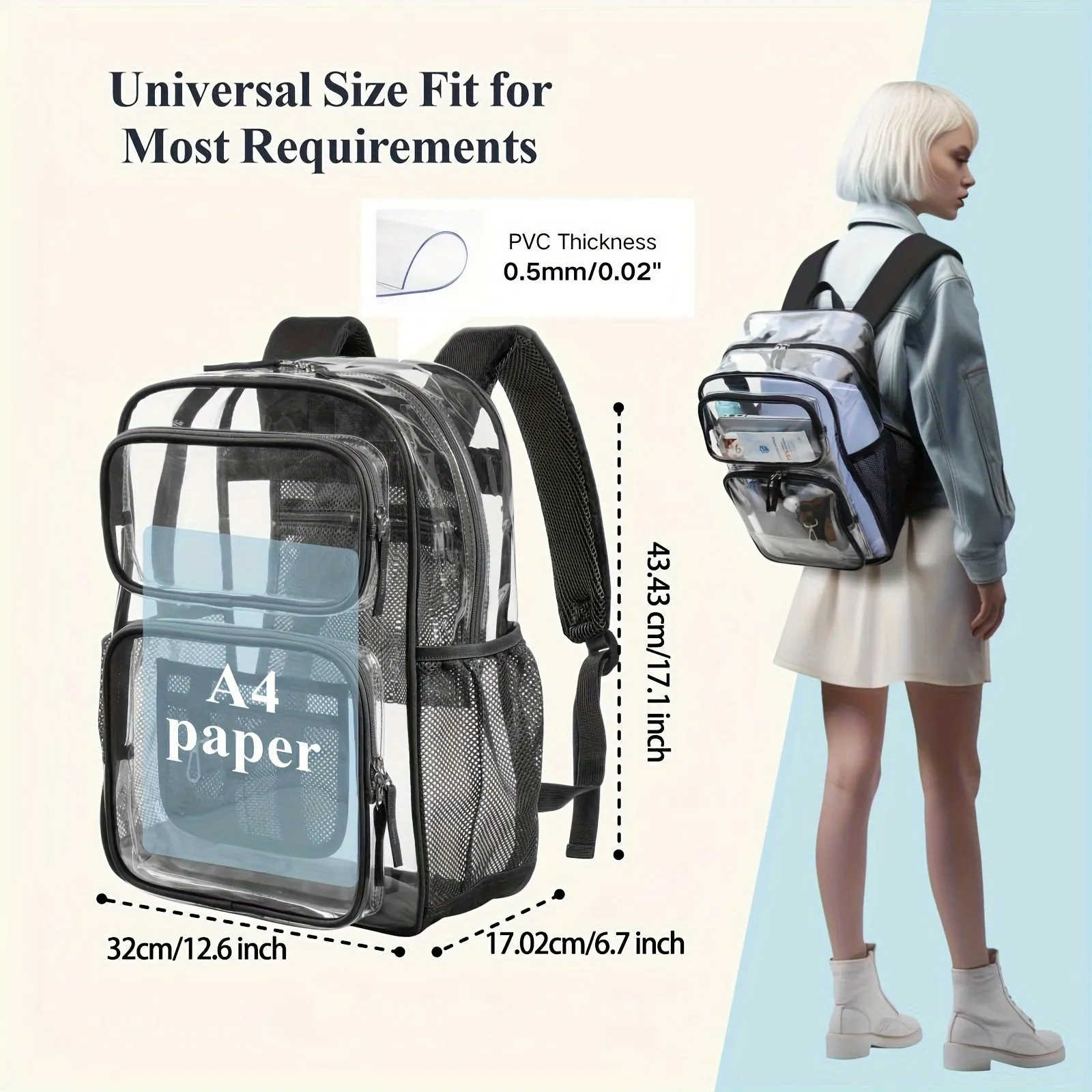 17 Durable Clear Backpack - Multi-pocket PVC Transparency for School, College, Work & Travel - Water-Resistant, Stylish & Convenient