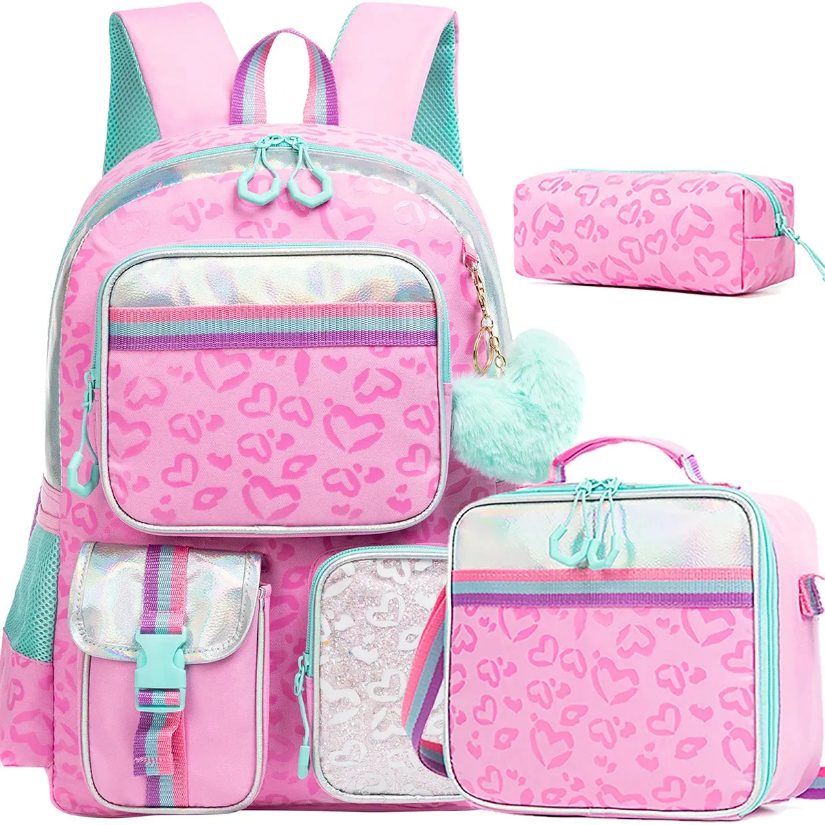 Girls Heart Leopard Print Backpack Set