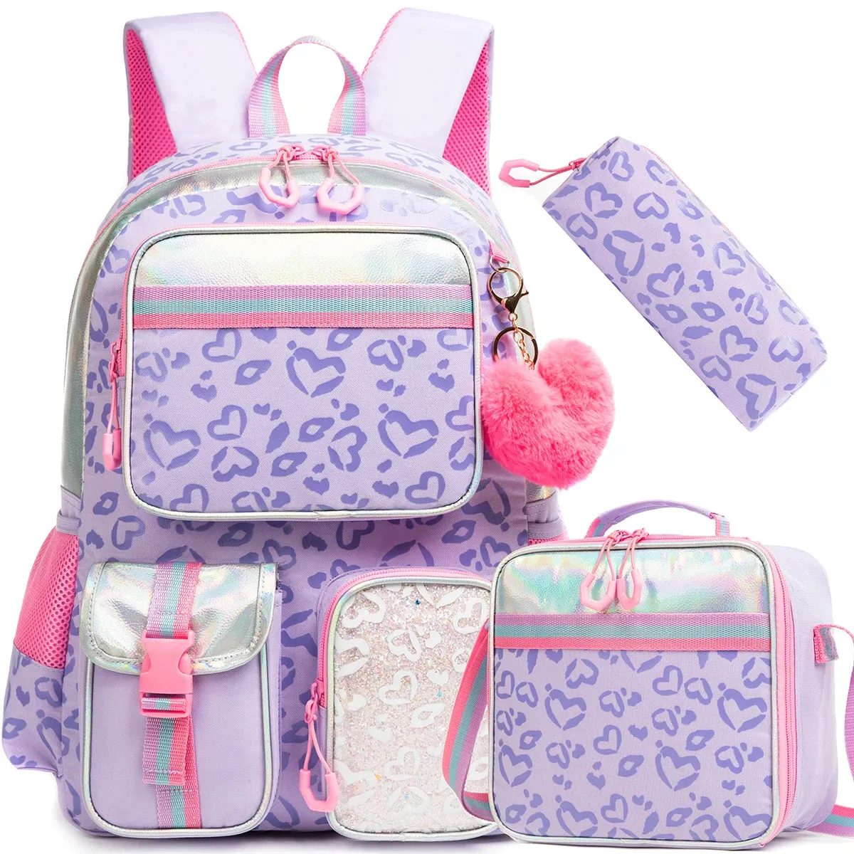 Girls Heart Leopard Print Backpack Set