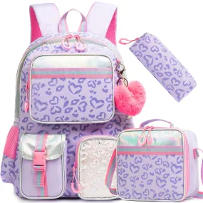 Girls Heart Leopard Print Backpack Set