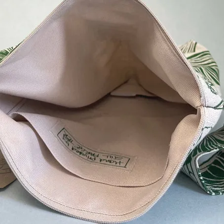 Large linen make up bag - green ginkgo