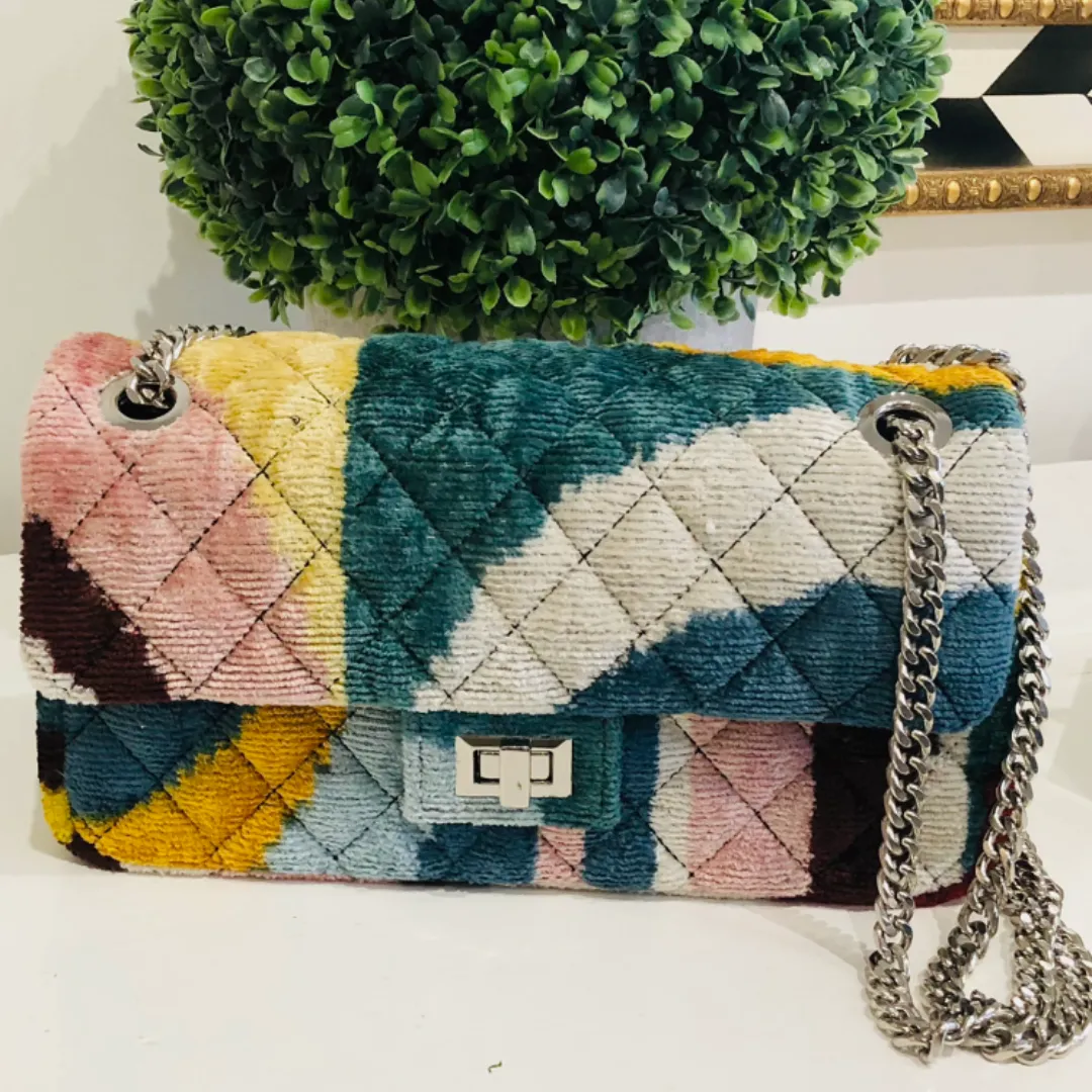 Teramasu One of a Kind Handmade Green, Blue and Grey Geometric Print Quilted Handmade Silk Tapestry Purse